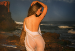 Ass Beach Sea Seethrough Back Brunette Tanned Sexy Wallpaper